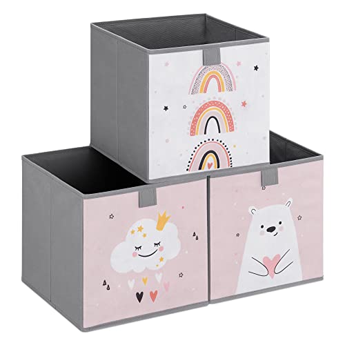 Navaris Kinder Aufbewahrungsbox 3er Set   Aufbewahrung 28 x 28 x 28 cm Spielzeugkiste   3x Spielzeug Box faltbar   Wolke Motiv Kisten mit Griff   Rosa Weiß