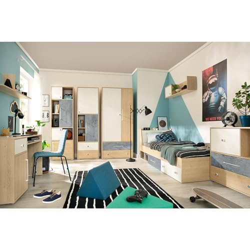 Jugendzimmer Set 8-teilig mit 2 Wandboards, Schreibtisch, 2 Regalschränke, Kleiderschrank, Bett 90x200cm, Kommode in Eiche mit weiß und Betonoptik