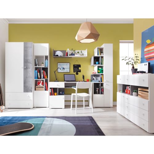 Jugendzimmer Set 6-teilig mit Kleiderschrank, Regalschrank, Wandregal, Schreibtisch, Regal, Kommode in Beton und weiß modern