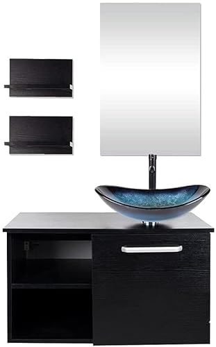 YU YUSING Badmöbel Set Waschbeckenunterschrank Badezimmerschrank mit Waschbecken Unterschrank Spiegel, Badezimmermöbel mit Waschtisch, Spiegelschrank, 2 Wandregale, Wasserhahn Set (Modern Blau)