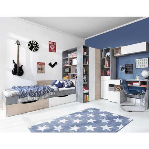 Lomadox Jugendzimmer Set 5-teilig mit Jugendbett 120x200cm, begehbarer Kleiderschrank, Regalschrank, Wandregal, Schreibtisch in Beton weiß Eiche modern