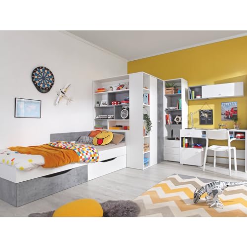 Lomadox Jugendzimmer Set 5-teilig mit Jugendbett 120x200cm, begehbarer Kleiderschrank, Regalschrank, Wandregal, Schreibtisch in Beton und weiß modern