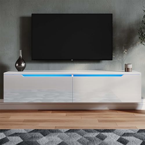 SONNI TV Board Hängend fernsehtisch mit LED-Beleuchtung Weiss Hochglanz Lowboard Fernseherschank 140x35x30cm