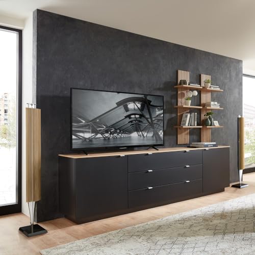 Lomadox TV Sideboard Set mit Wandregalen Fernsehschrank schwarz mit Eiche, Breite 240 cm, Wohnwand, Fernsehwand