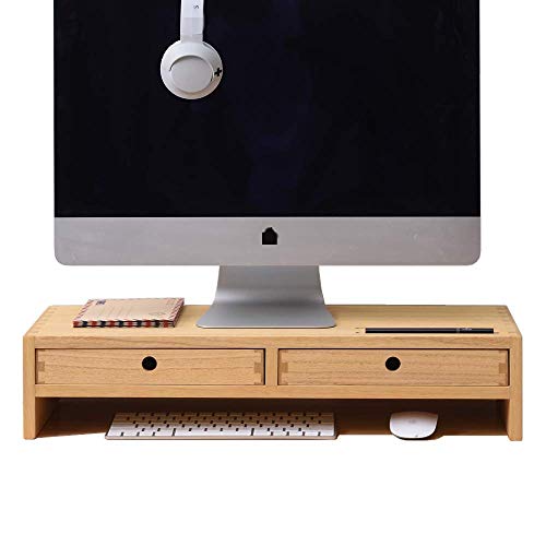 KIRIGEN Monitorständer aus Holz mit 2 Schubladen – Computer-Armerhöhung, Schreibtisch-Aufbewahrung, Organizer, Lautsprecher, TV, Laptop, Drucker-Ständer Natur