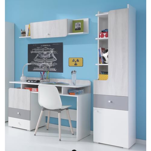 Lomadox Jugendzimmer Set mit Schreibtisch Schrank Wandregal weiß, Eiche hell, grau
