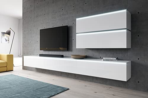 Furnix Mediawand Bargo V ohne LED - Wandschrank Schrankwand Wohnzimmer aus 5 Elementen - Freistehend/Wandmontage - 5-TLG Komplett-Set - Wohnwand mit viel Stauraum - Farbe Weiß