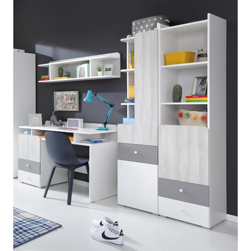 Lomadox Jugendzimmer Set mit Schreibtisch Wandregal Regal Schrank weiß, Eiche hell, grau modern
