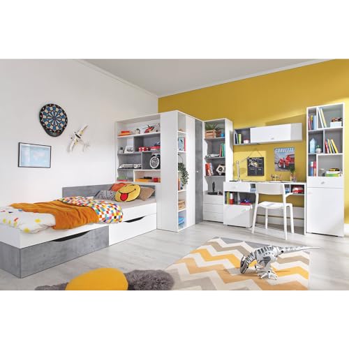 Lomadox Jugendzimmer Set 6-teilig mit Jugendbett 120x200cm, begehbarer Kleiderschrank, 2 Regalschränke, Wandregal, Schreibtisch in Beton und weiß modern